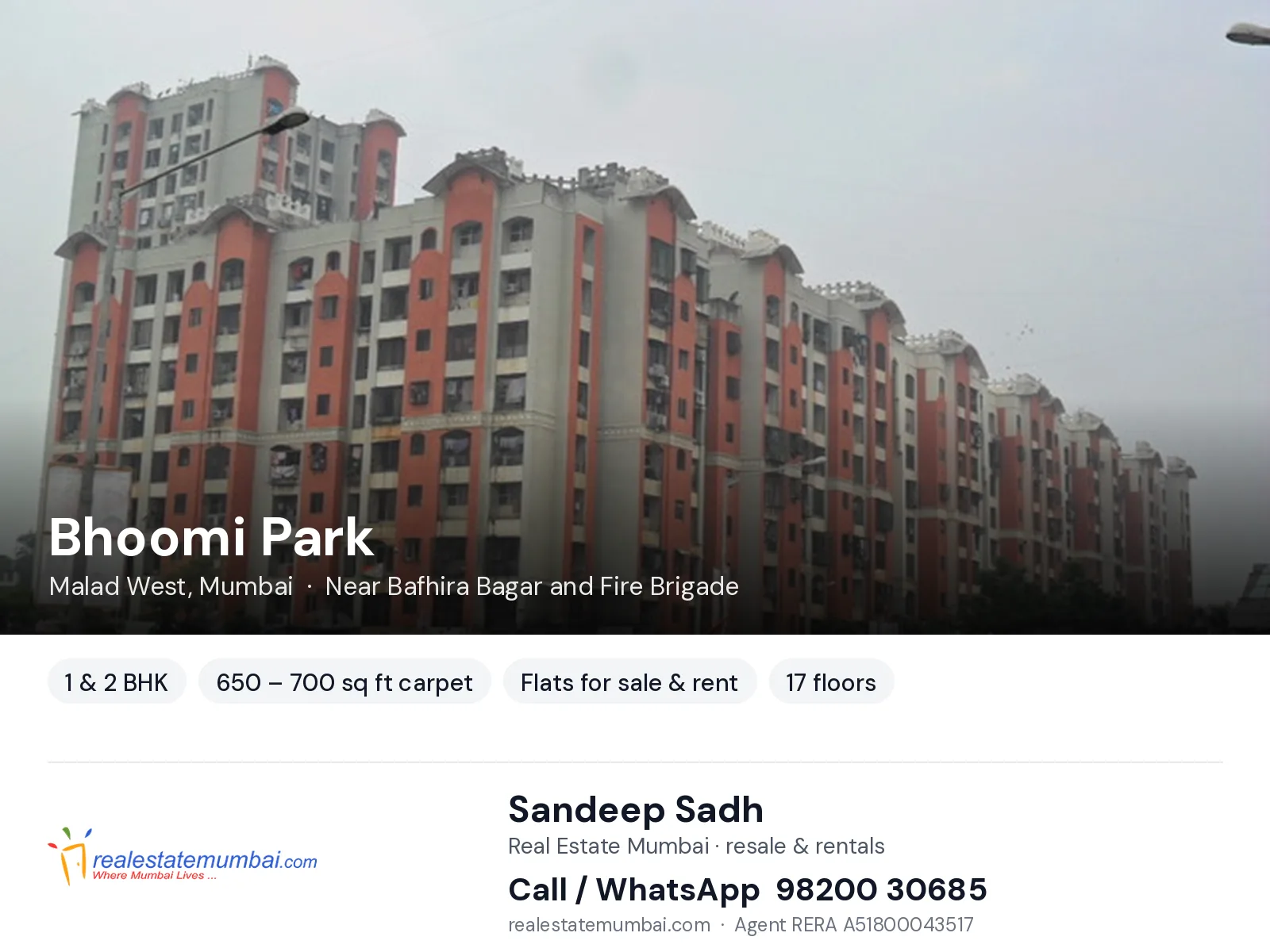 Bhoomi Park, Malad West, Mumbai — 1 & 2 BHK flats for sale & rent | Real Estate Mumbai, Sandeep Sadh 98200 30685