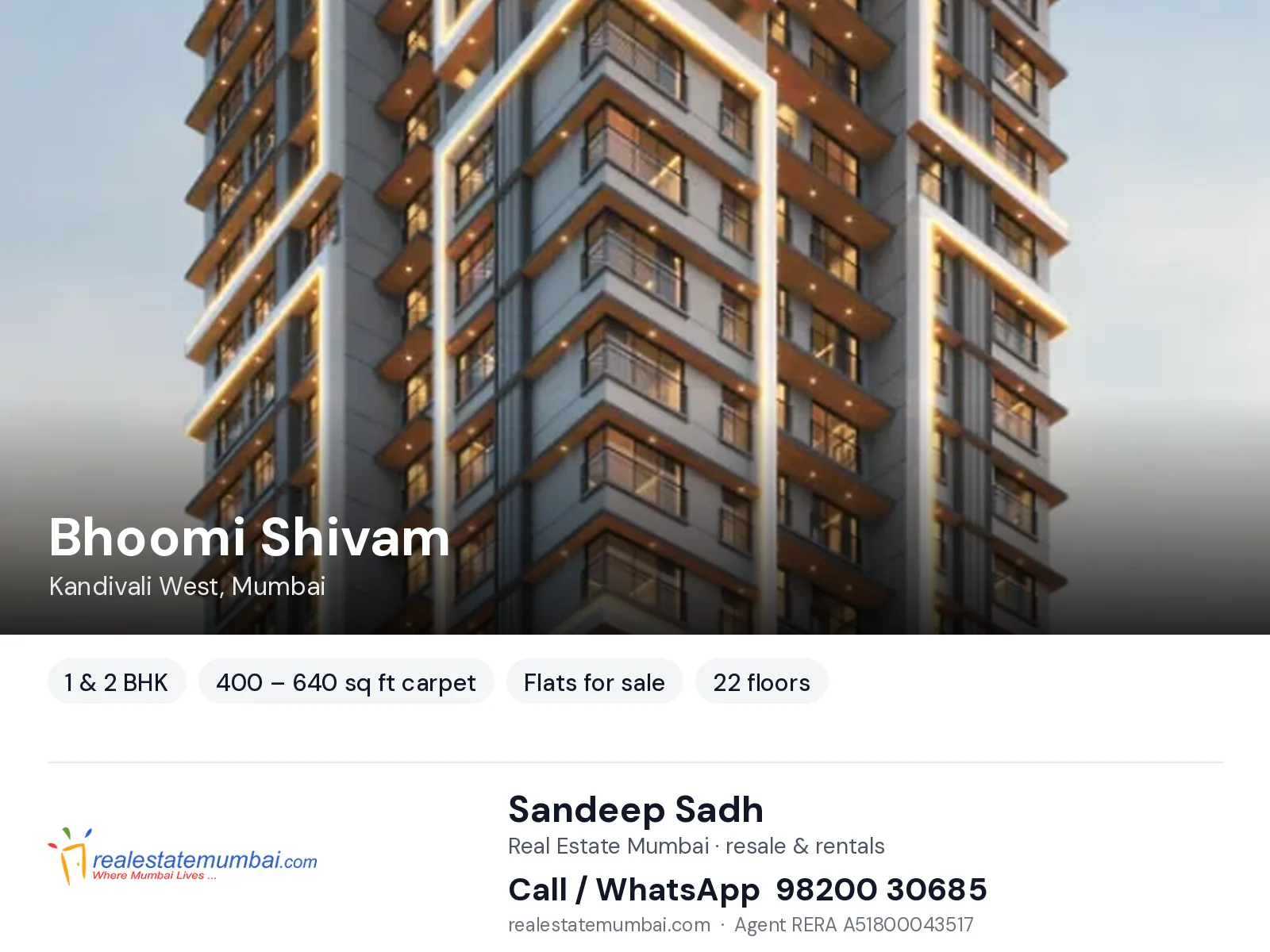Bhoomi Shivam, Kandivali West, Mumbai — 1 & 2 BHK flats for sale | Real Estate Mumbai, Sandeep Sadh 98200 30685