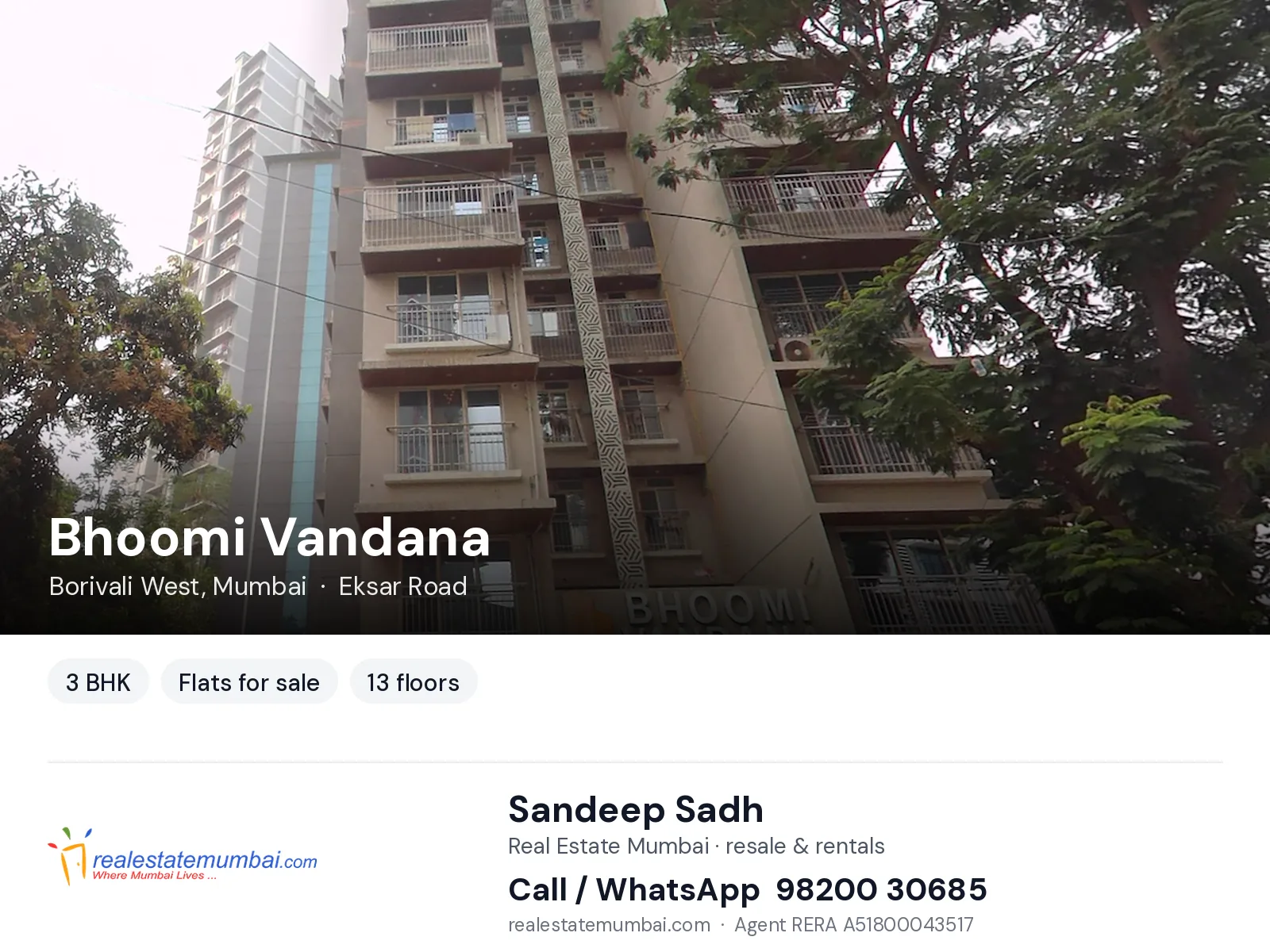 Bhoomi Vandana, Borivali West, Mumbai — 3 BHK flats for sale | Real Estate Mumbai, Sandeep Sadh 98200 30685