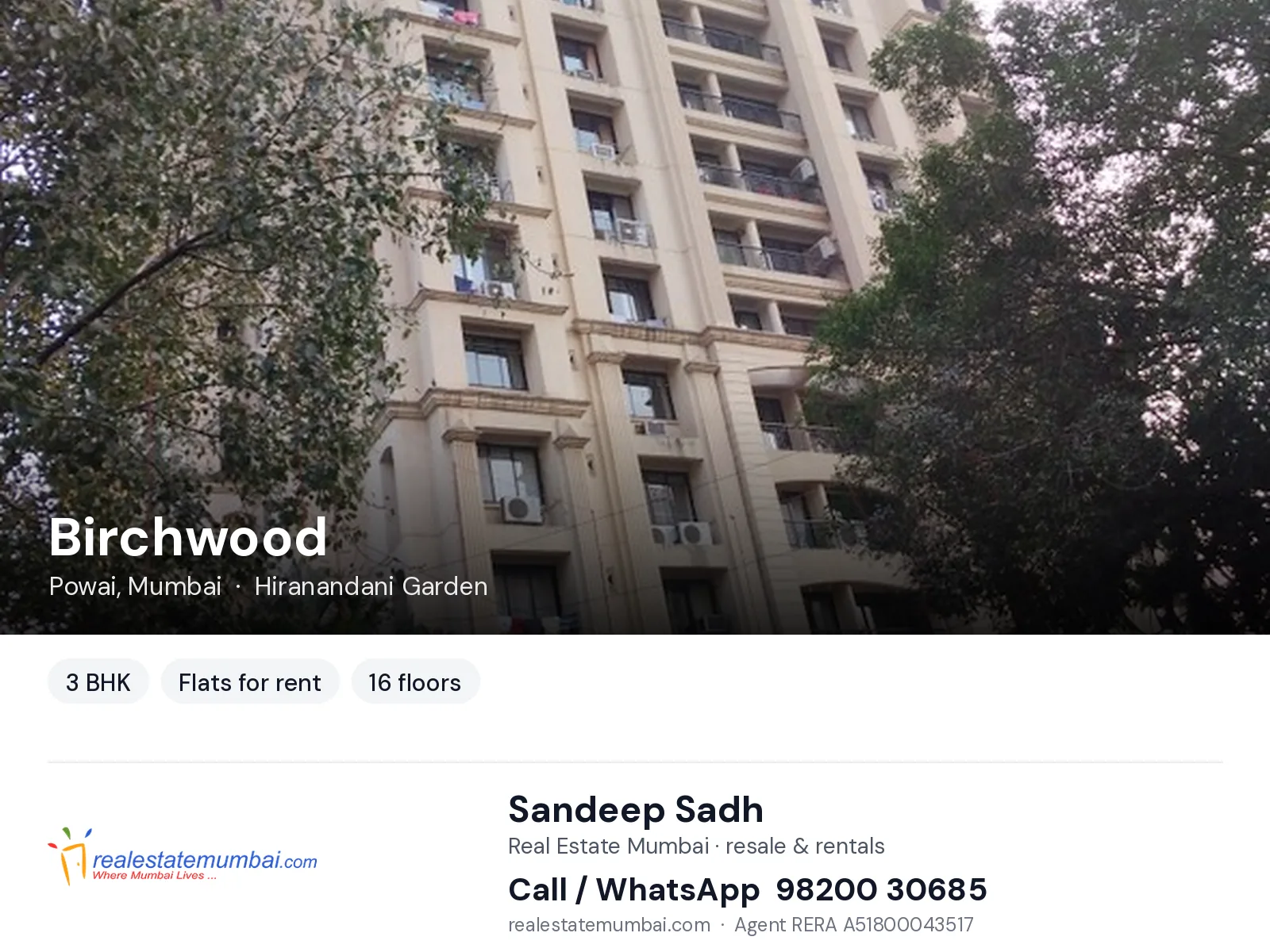 Birchwood, Powai, Mumbai — 3 BHK flats for rent | Real Estate Mumbai, Sandeep Sadh 98200 30685