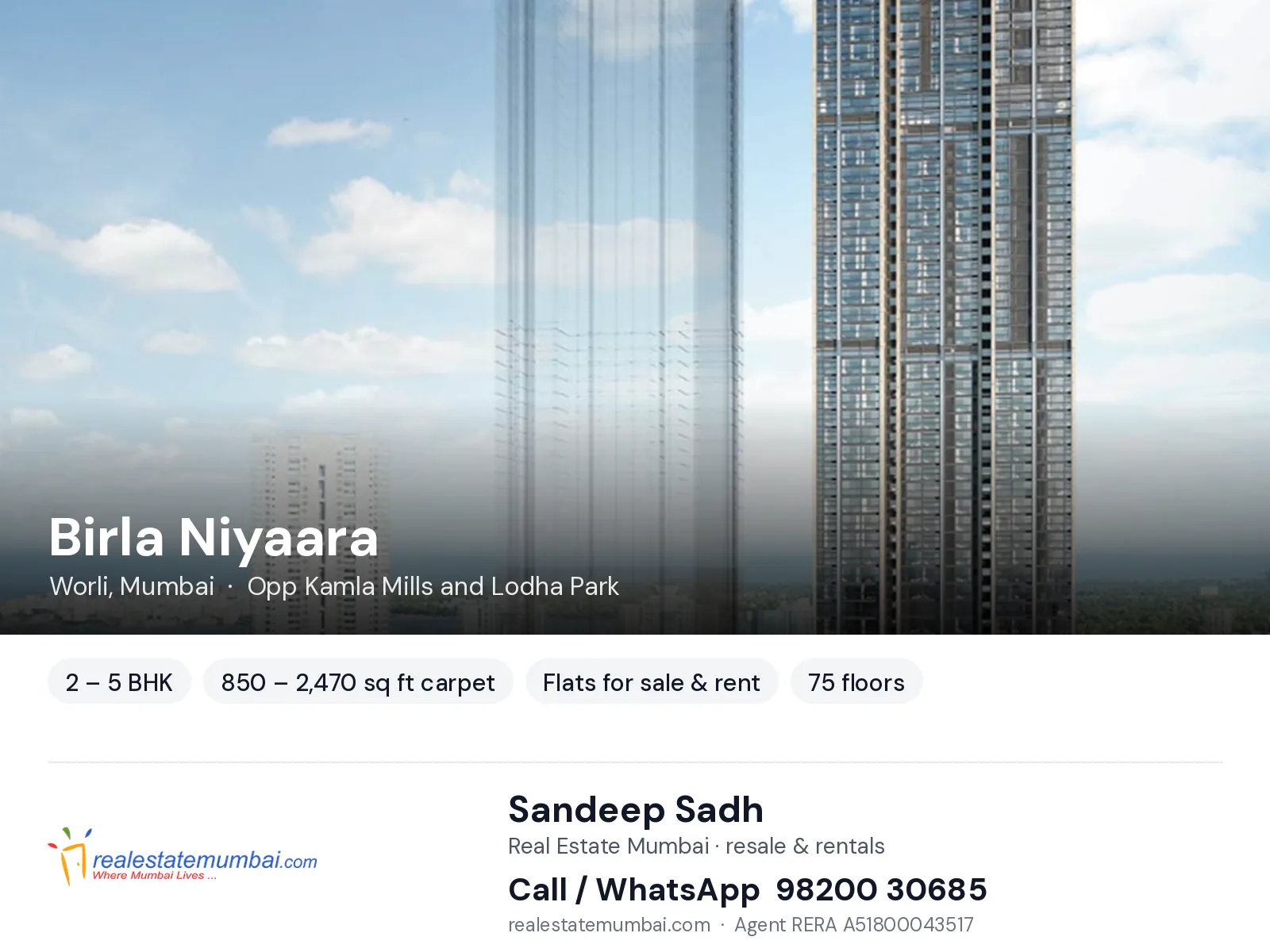 Birla Niyaara, Worli, Mumbai — 2 – 5 BHK flats for sale & rent | Real Estate Mumbai, Sandeep Sadh 98200 30685