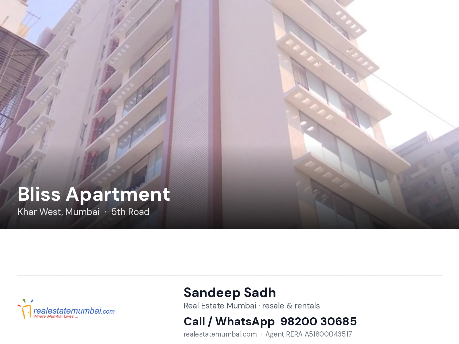 Bliss Apartment, Khar West, Mumbai — flats | Real Estate Mumbai, Sandeep Sadh 98200 30685