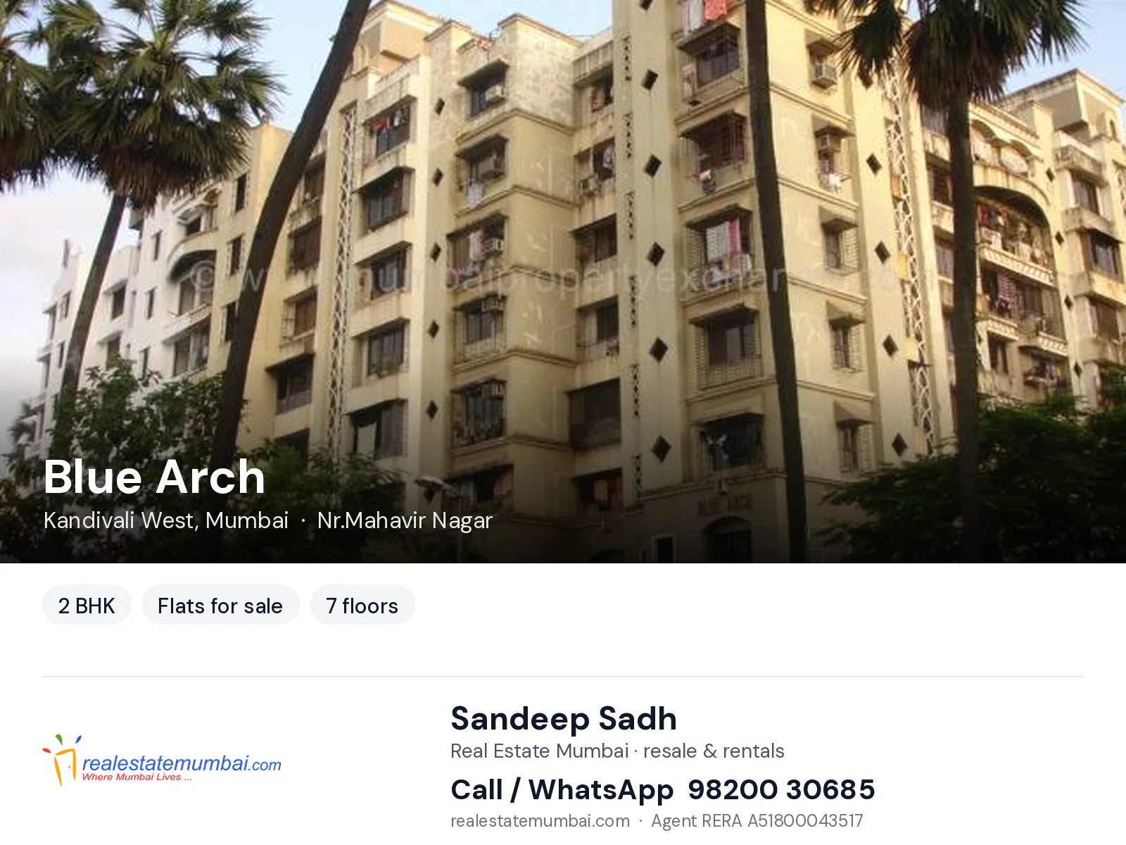 Blue Arch, Kandivali West, Mumbai — 2 BHK flats for sale | Real Estate Mumbai, Sandeep Sadh 98200 30685