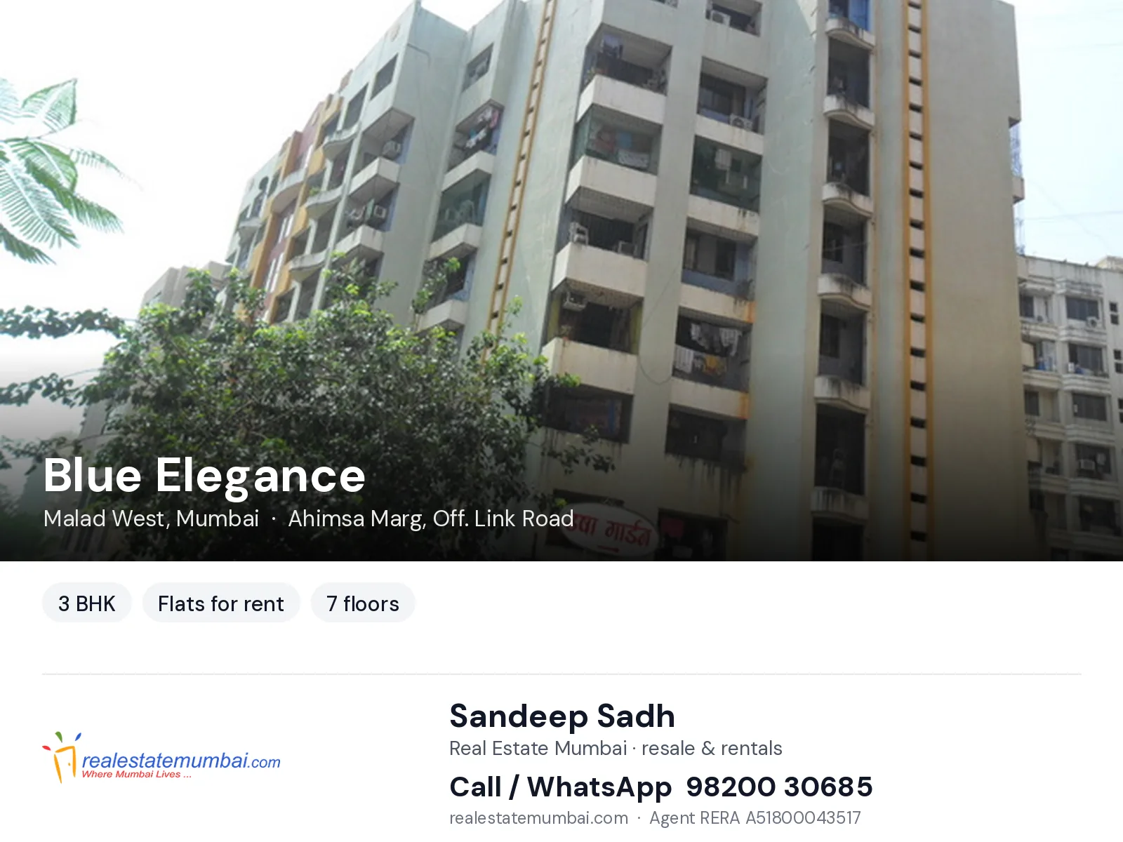 Blue Elegance, Malad West, Mumbai — 3 BHK flats for rent | Real Estate Mumbai, Sandeep Sadh 98200 30685