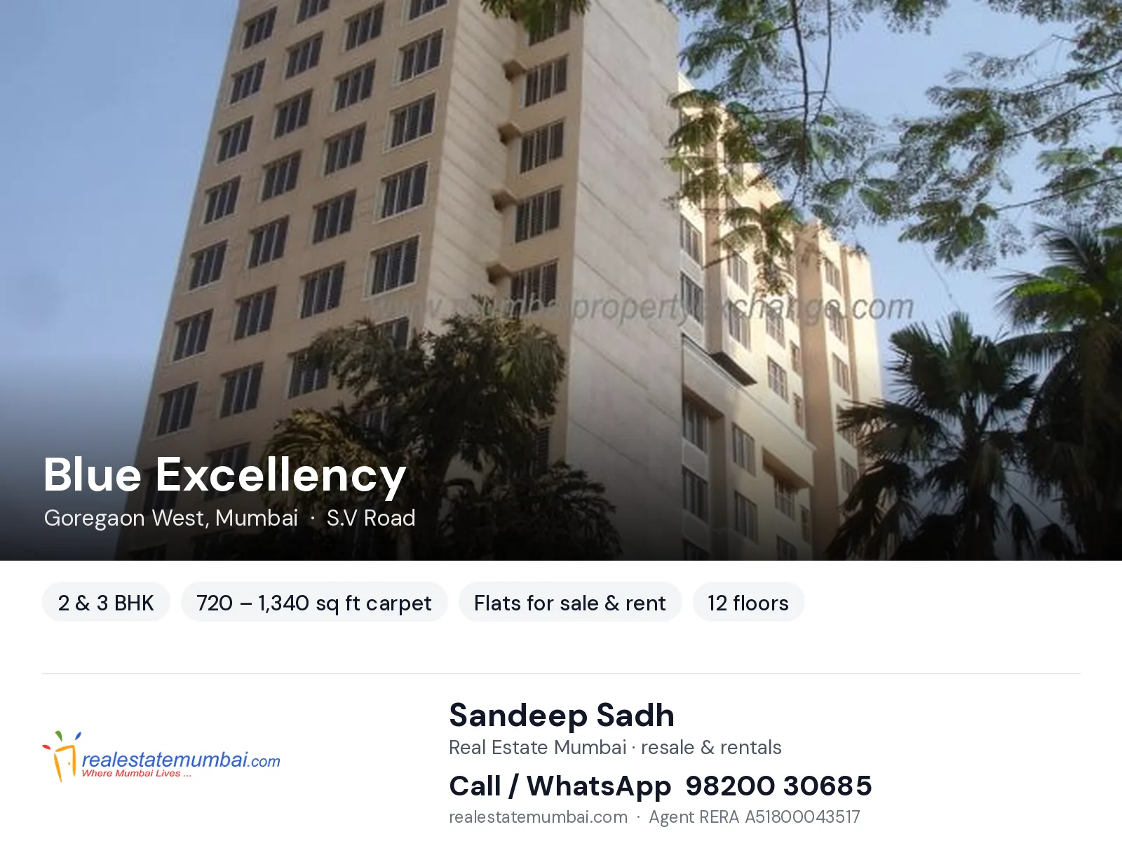 Blue Excellency, Goregaon West, Mumbai — 2 & 3 BHK flats for sale & rent | Real Estate Mumbai, Sandeep Sadh 98200 30685