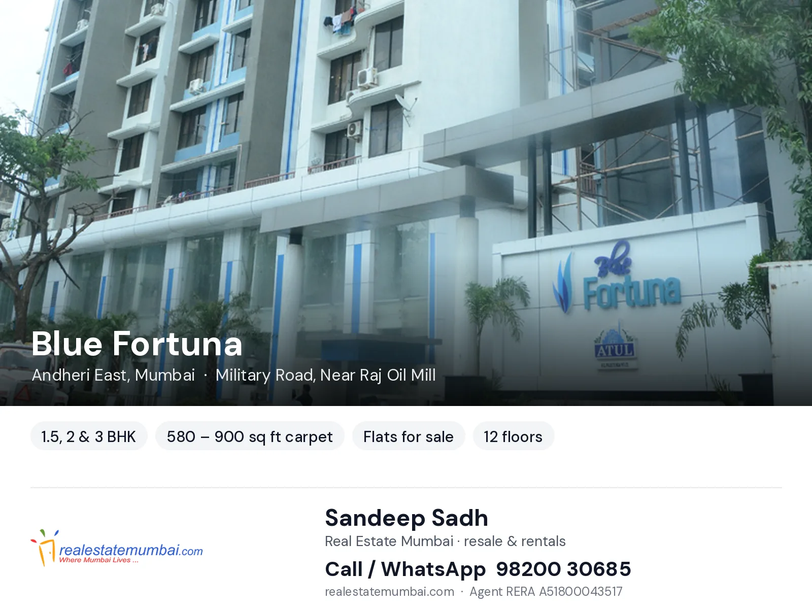 Blue Fortuna, Andheri East, Mumbai — 1.5, 2 & 3 BHK flats for sale | Real Estate Mumbai, Sandeep Sadh 98200 30685