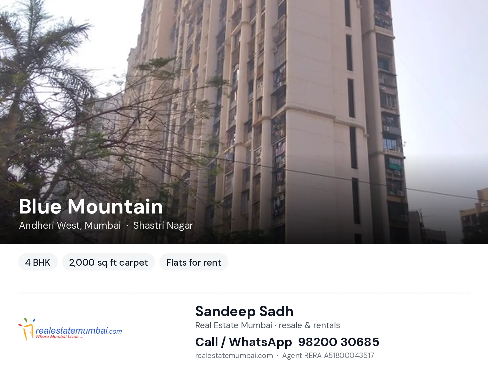 Blue Mountain, Andheri West, Mumbai — 4 BHK flats for rent | Real Estate Mumbai, Sandeep Sadh 98200 30685