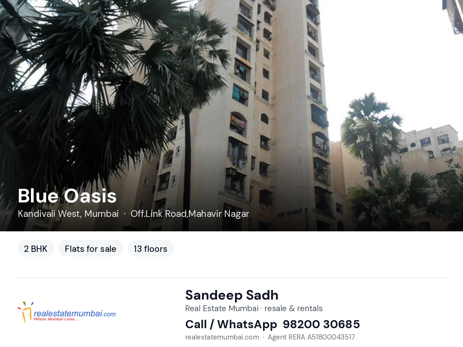 Blue Oasis, Kandivali West, Mumbai — 2 BHK flats for sale | Real Estate Mumbai, Sandeep Sadh 98200 30685