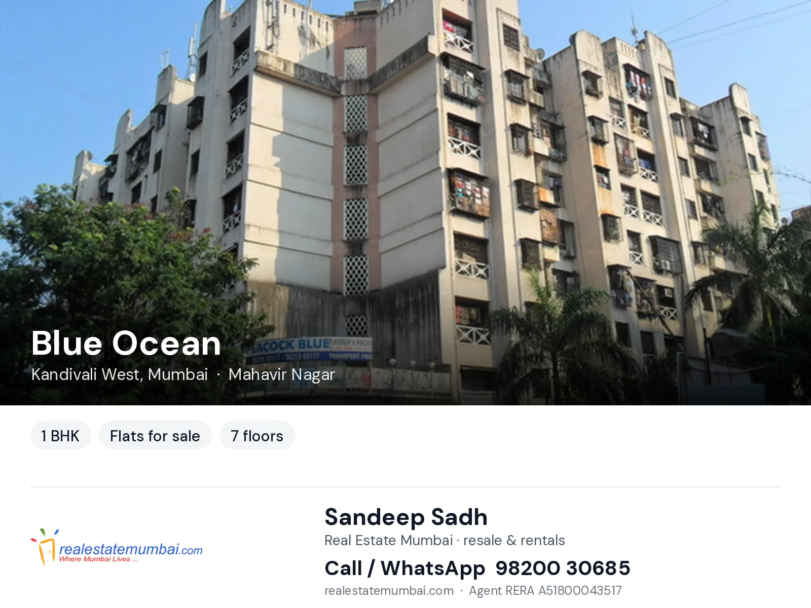 Blue Ocean, Kandivali West, Mumbai — 1 BHK flats for sale | Real Estate Mumbai, Sandeep Sadh 98200 30685