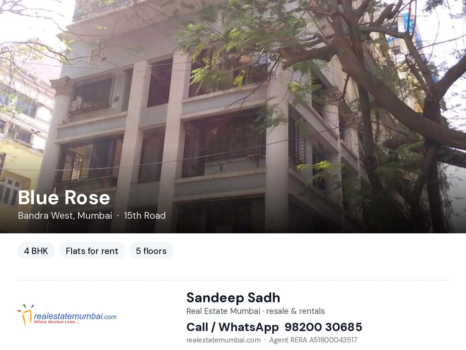 Blue Rose, Bandra West, Mumbai — 4 BHK flats for rent | Real Estate Mumbai, Sandeep Sadh 98200 30685