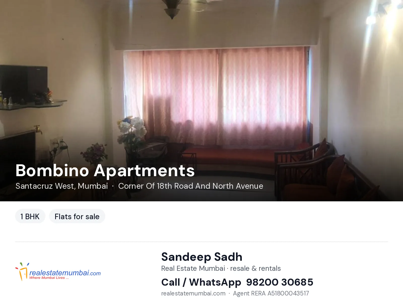 Bombino Apartments, Santacruz West, Mumbai — 1 BHK flats for sale | Real Estate Mumbai, Sandeep Sadh 98200 30685