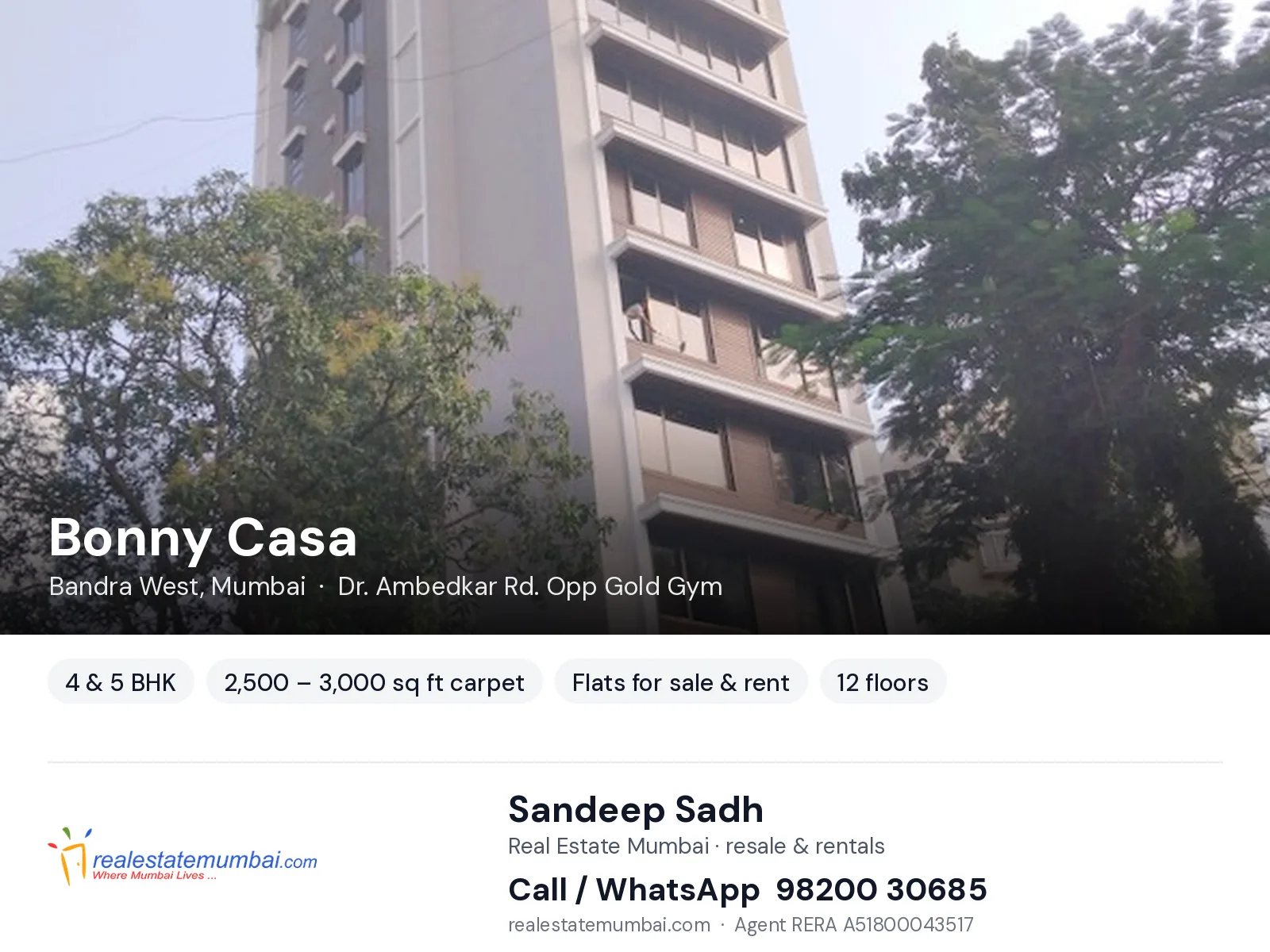 Bonny Casa, Bandra West, Mumbai — 4 & 5 BHK flats for sale & rent | Real Estate Mumbai, Sandeep Sadh 98200 30685