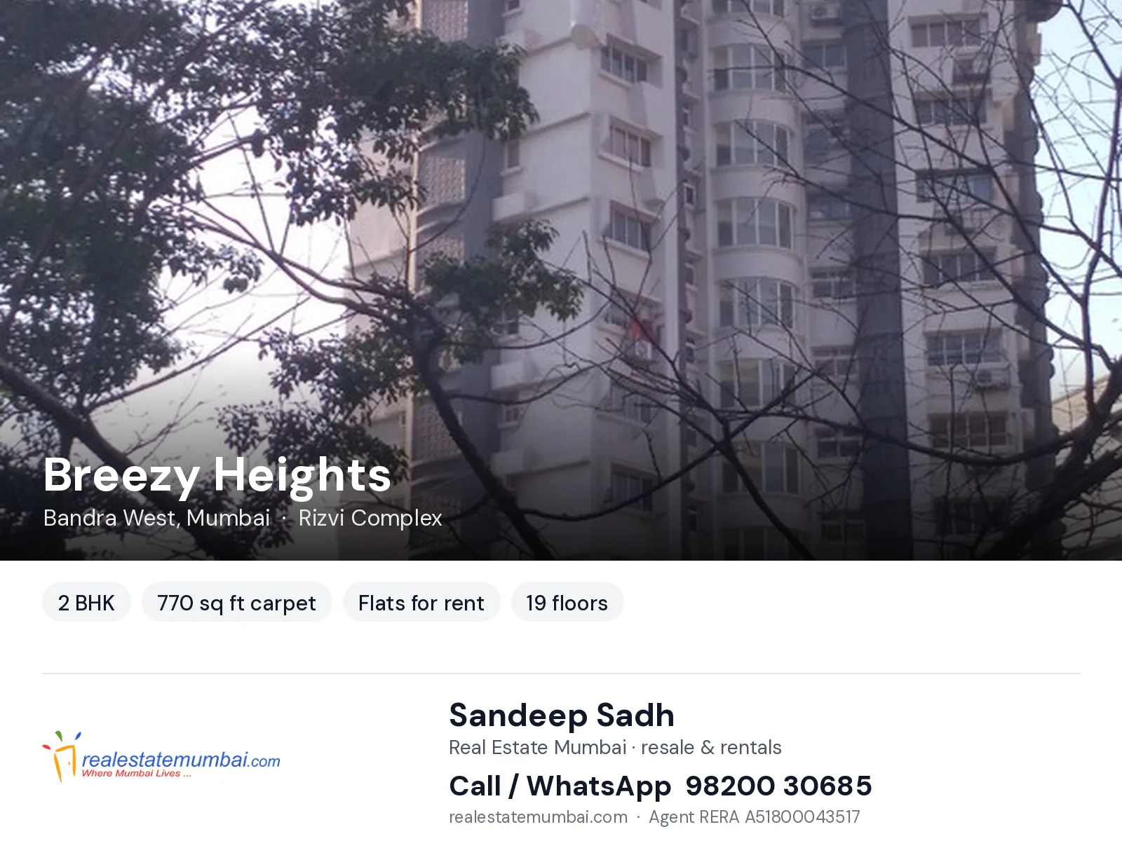 Breezy Heights, Bandra West, Mumbai — 2 BHK flats for rent | Real Estate Mumbai, Sandeep Sadh 98200 30685