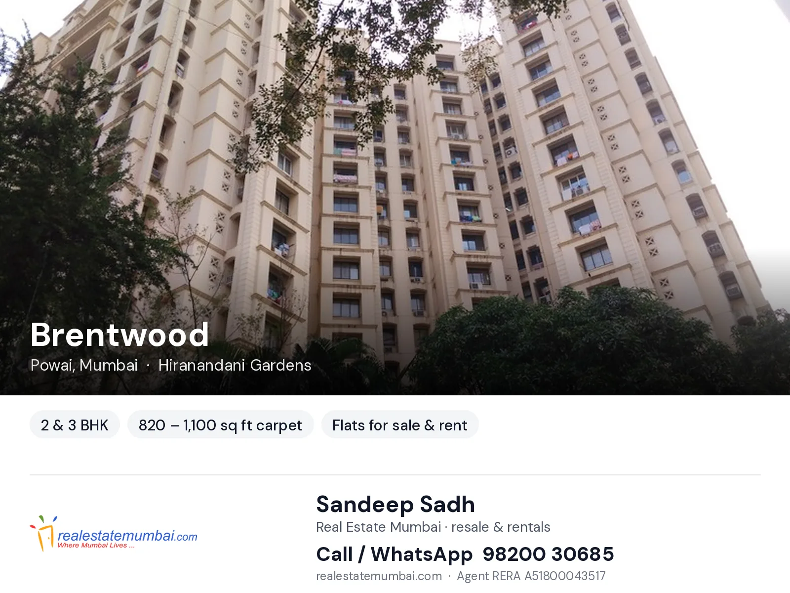 Brentwood, Powai, Mumbai — 2 & 3 BHK flats for sale & rent | Real Estate Mumbai, Sandeep Sadh 98200 30685