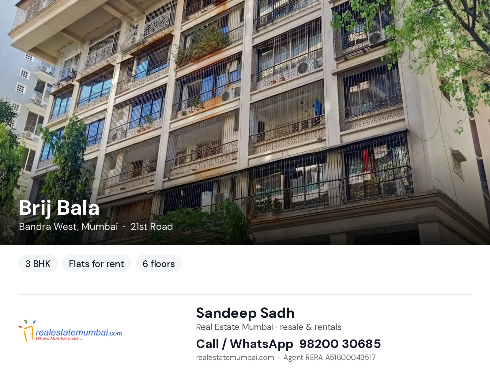 Brij Bala, Bandra West, Mumbai — 3 BHK flats for rent | Real Estate Mumbai, Sandeep Sadh 98200 30685