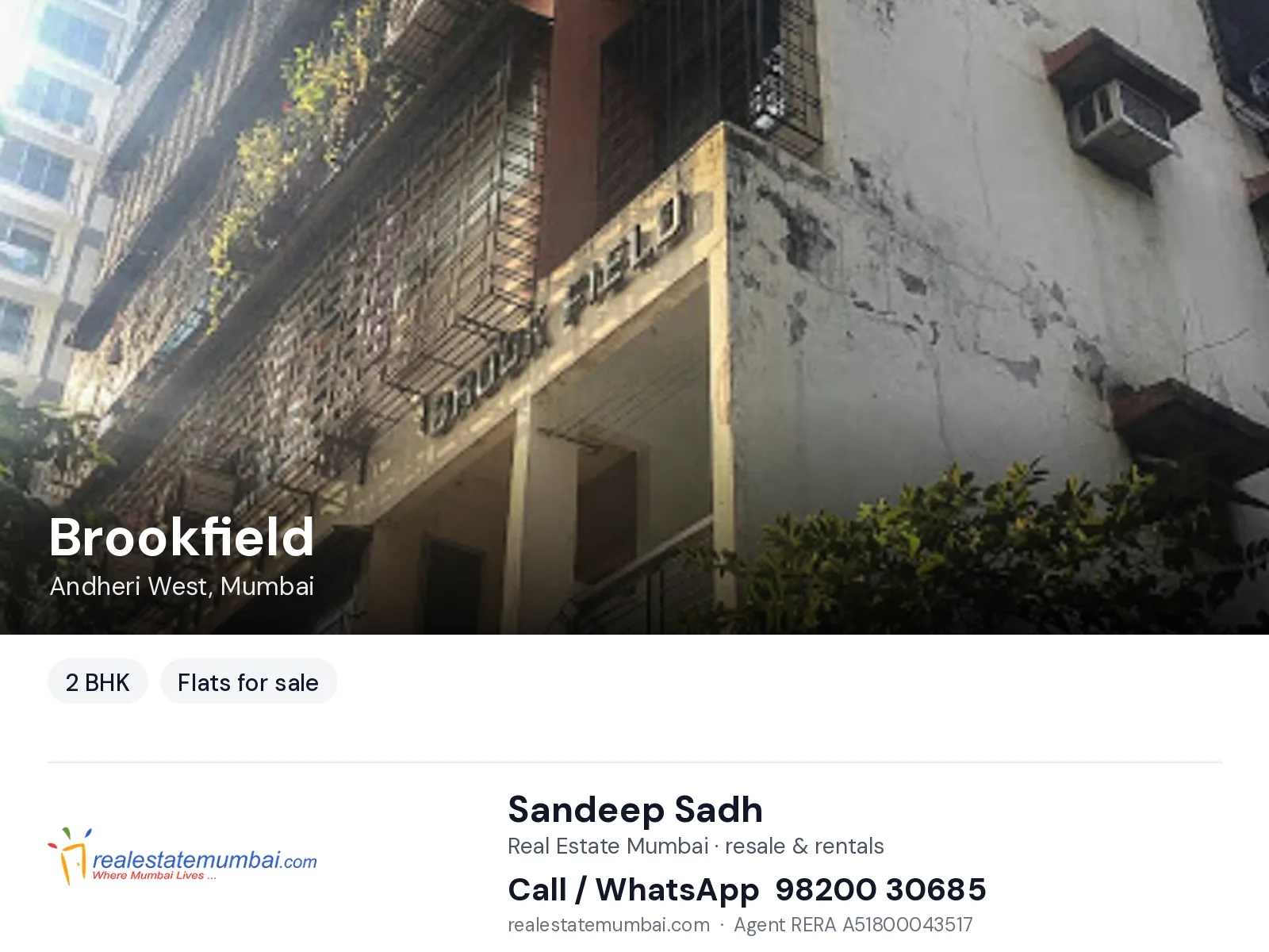 Brookfield, Andheri West, Mumbai — 2 BHK flats for sale | Real Estate Mumbai, Sandeep Sadh 98200 30685