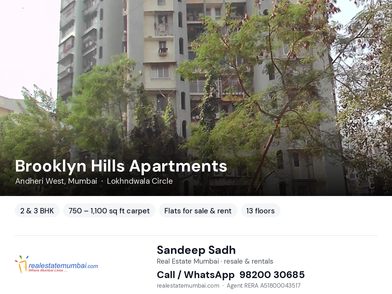 Brooklyn Hills Apartments, Andheri West, Mumbai — 2 & 3 BHK flats for sale & rent | Real Estate Mumbai, Sandeep Sadh 98200 30685