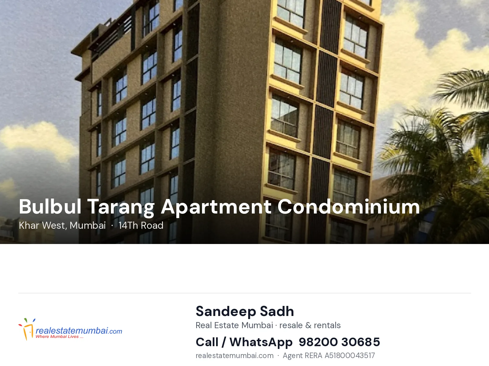 Bulbul Tarang Apartment Condominium, Khar West, Mumbai — flats | Real Estate Mumbai, Sandeep Sadh 98200 30685