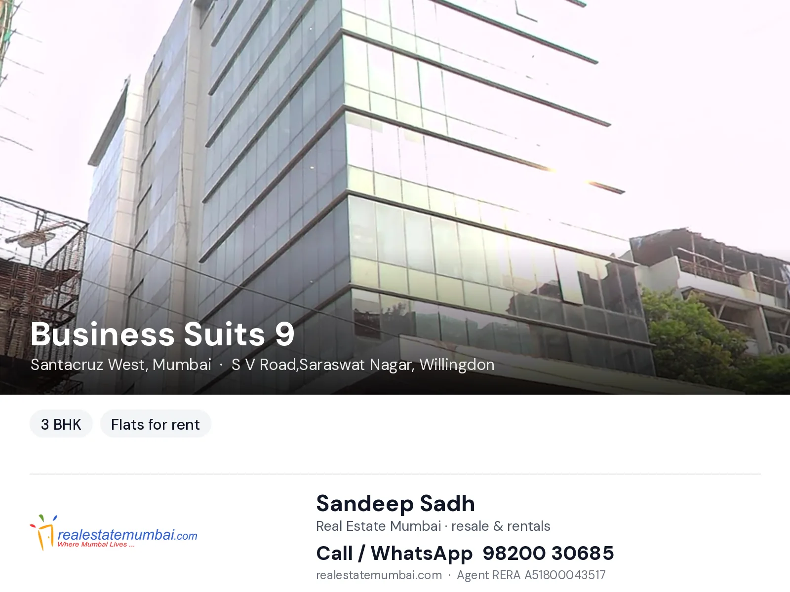Business Suits 9, Santacruz West, Mumbai — 3 BHK flats for rent | Real Estate Mumbai, Sandeep Sadh 98200 30685