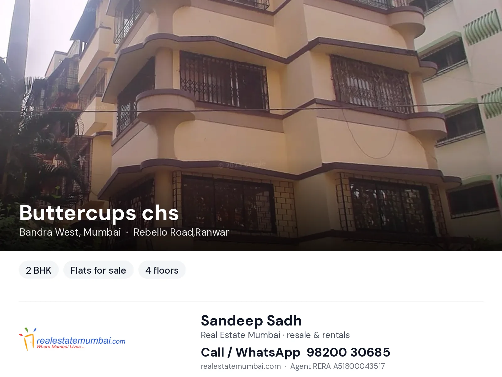 Buttercups chs, Bandra West, Mumbai — 2 BHK flats for sale | Real Estate Mumbai, Sandeep Sadh 98200 30685