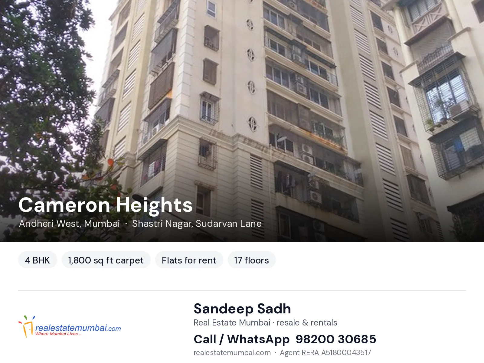 Cameron Heights, Andheri West, Mumbai — 4 BHK flats for rent | Real Estate Mumbai, Sandeep Sadh 98200 30685