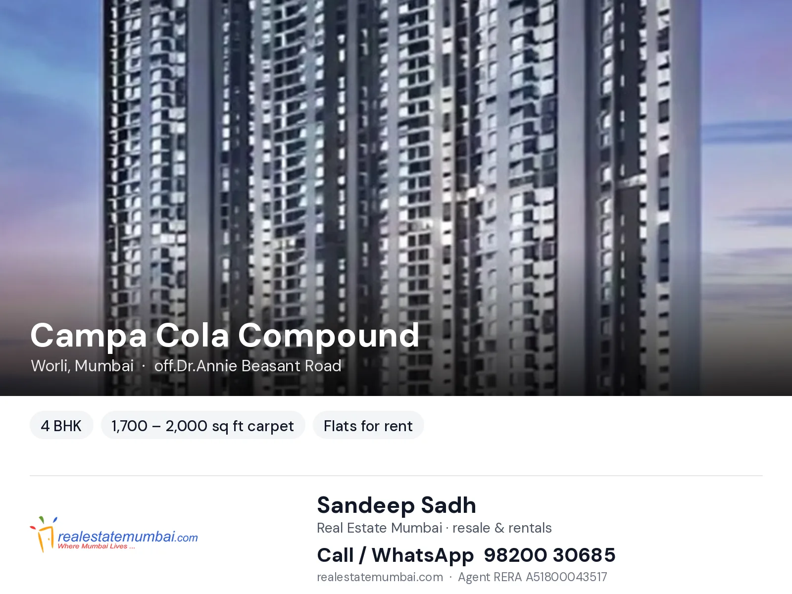 Campa Cola Compound, Worli, Mumbai — 4 BHK flats for rent | Real Estate Mumbai, Sandeep Sadh 98200 30685