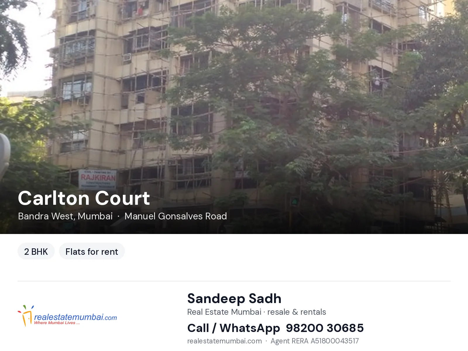 Carlton Court, Bandra West, Mumbai — 2 BHK flats for rent | Real Estate Mumbai, Sandeep Sadh 98200 30685