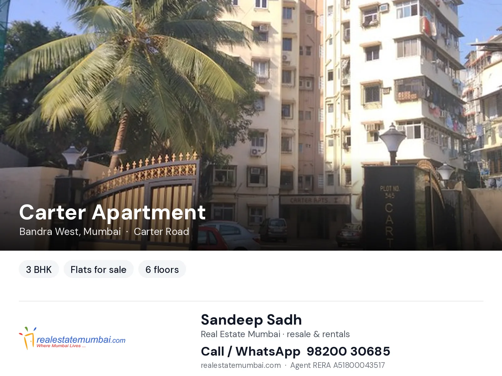 Carter Apartment, Bandra West, Mumbai — 3 BHK flats for sale | Real Estate Mumbai, Sandeep Sadh 98200 30685