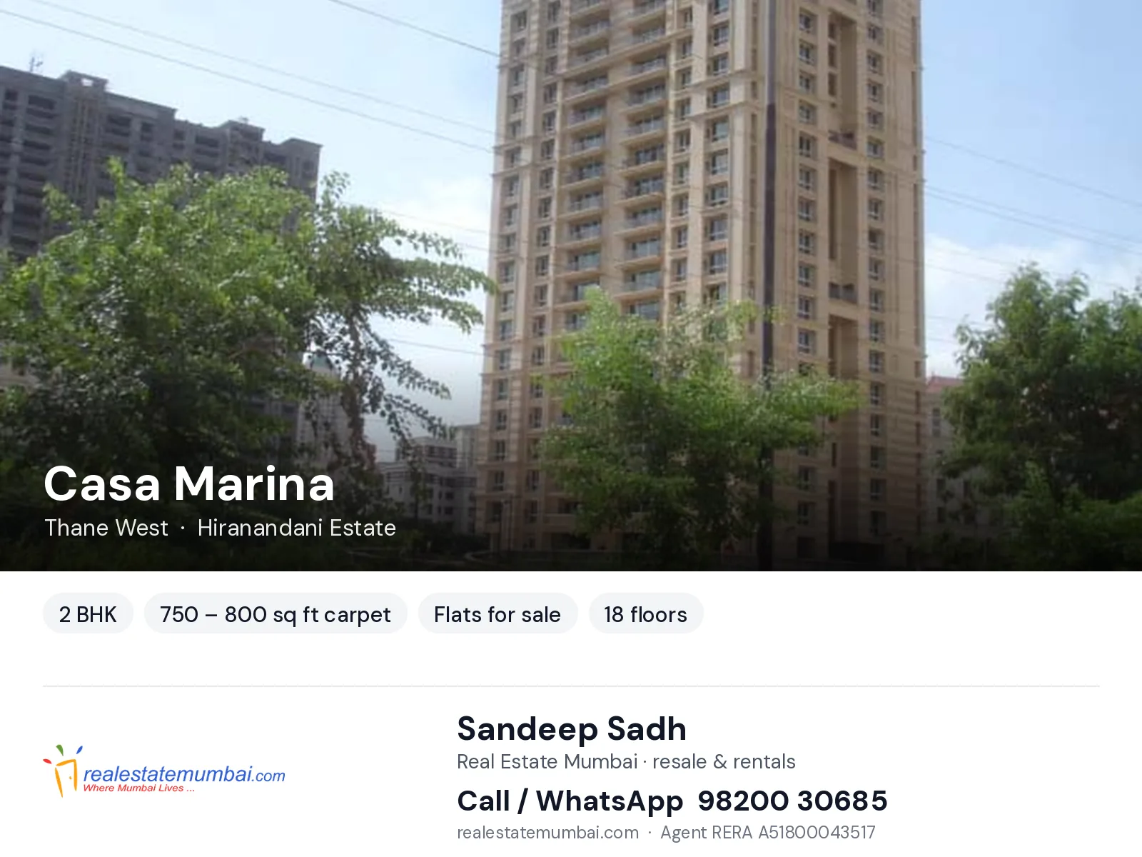 Casa Marina, Thane West — 2 BHK flats for sale | Real Estate Mumbai, Sandeep Sadh 98200 30685