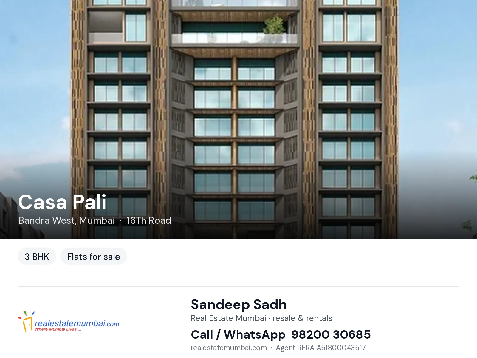 Casa Pali, Bandra West, Mumbai — 3 BHK flats for sale | Real Estate Mumbai, Sandeep Sadh 98200 30685