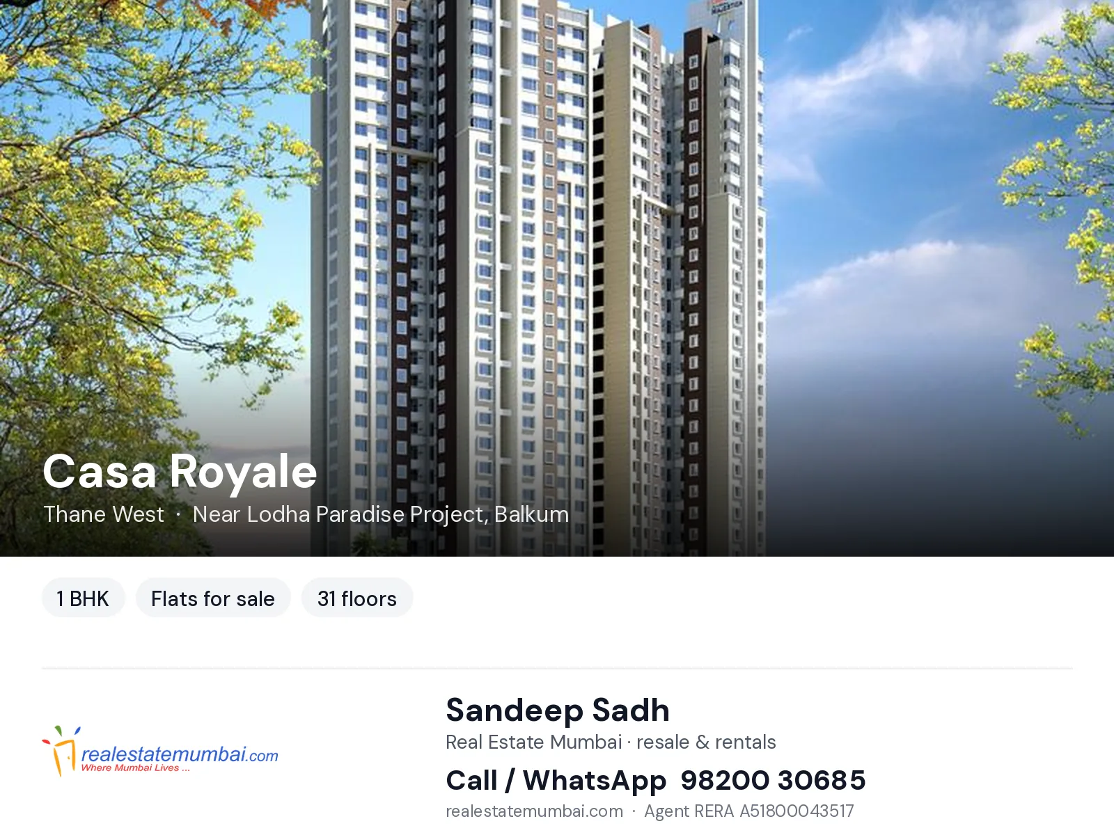 Casa Royale, Thane West — 1 BHK flats for sale | Real Estate Mumbai, Sandeep Sadh 98200 30685