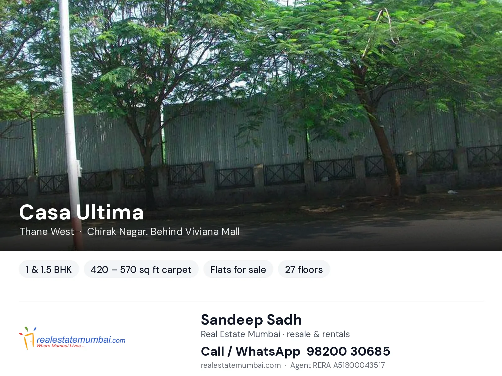 Casa Ultima, Thane West — 1 & 1.5 BHK flats for sale | Real Estate Mumbai, Sandeep Sadh 98200 30685