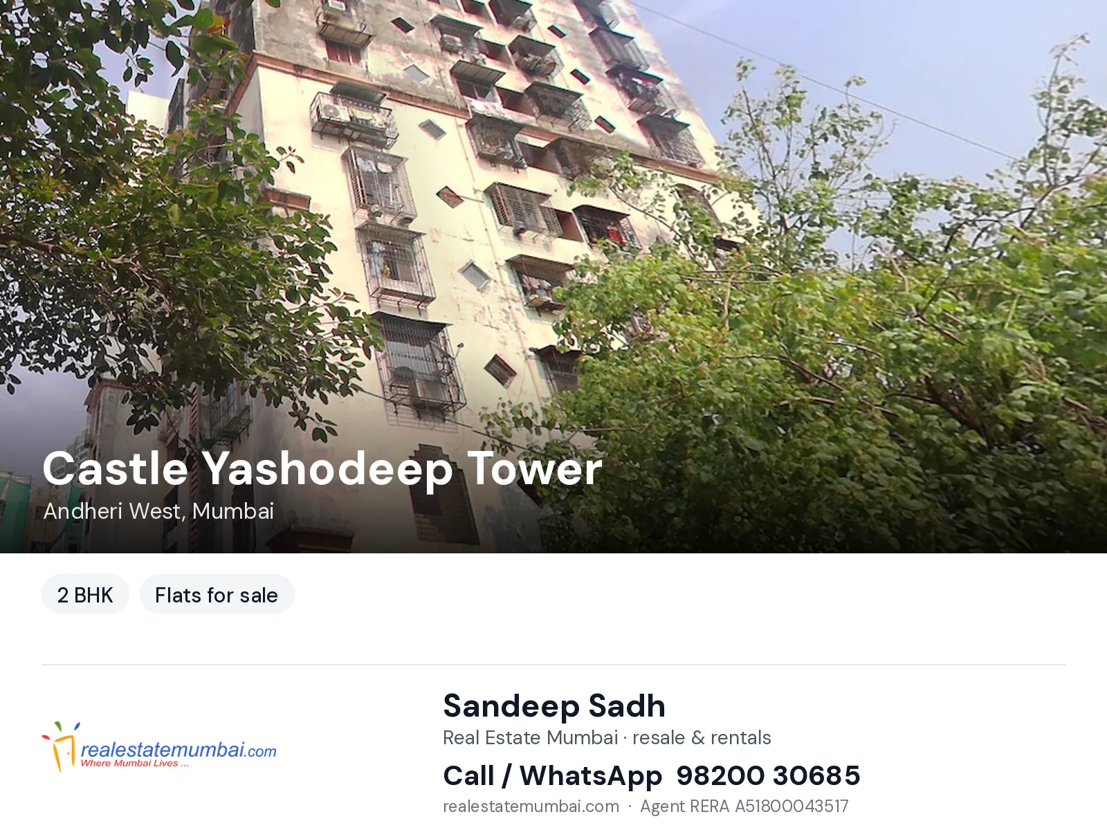 Castle Yashodeep Tower, Andheri West, Mumbai — 2 BHK flats for sale | Real Estate Mumbai, Sandeep Sadh 98200 30685