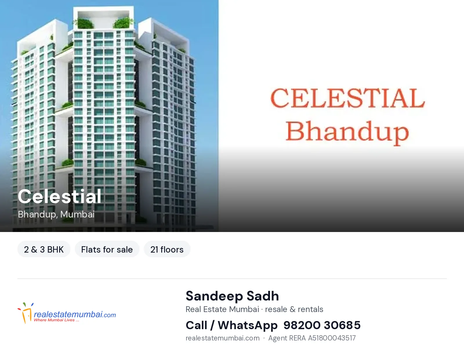 Celestial, Bhandup, Mumbai — 2 & 3 BHK flats for sale | Real Estate Mumbai, Sandeep Sadh 98200 30685