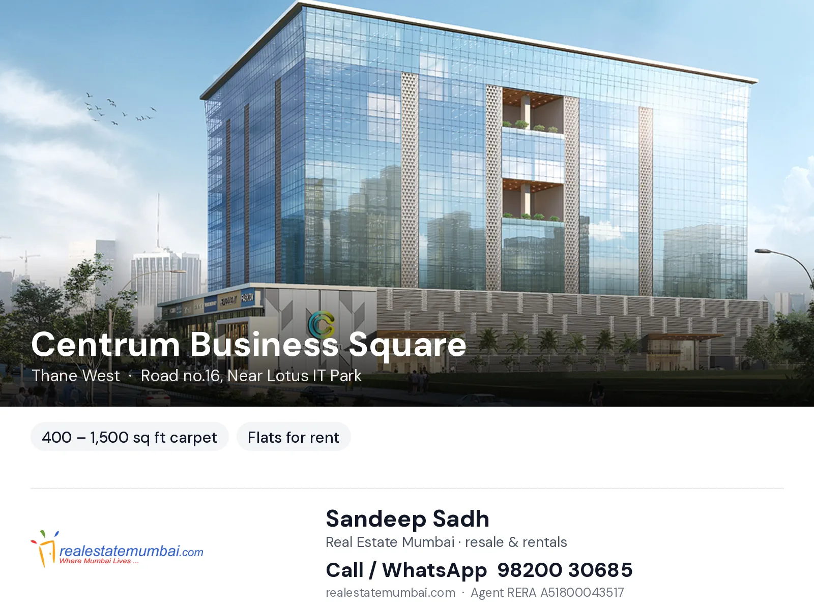 Centrum Business Square, Thane West — flats for rent | Real Estate Mumbai, Sandeep Sadh 98200 30685