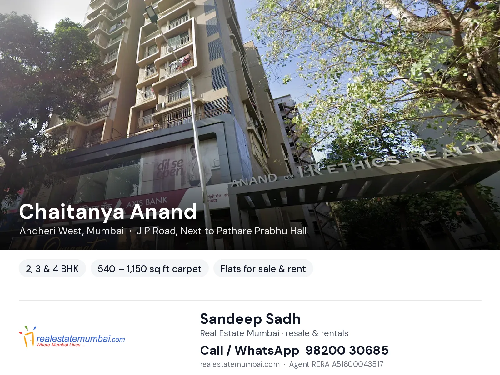 Chaitanya Anand, Andheri West, Mumbai — 2, 3 & 4 BHK flats for sale & rent | Real Estate Mumbai, Sandeep Sadh 98200 30685