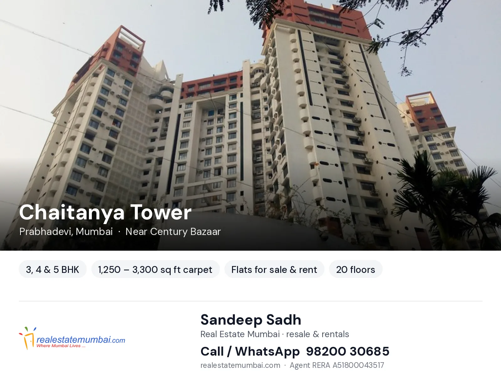 Chaitanya Tower, Prabhadevi, Mumbai — 3, 4 & 5 BHK flats for sale & rent | Real Estate Mumbai, Sandeep Sadh 98200 30685