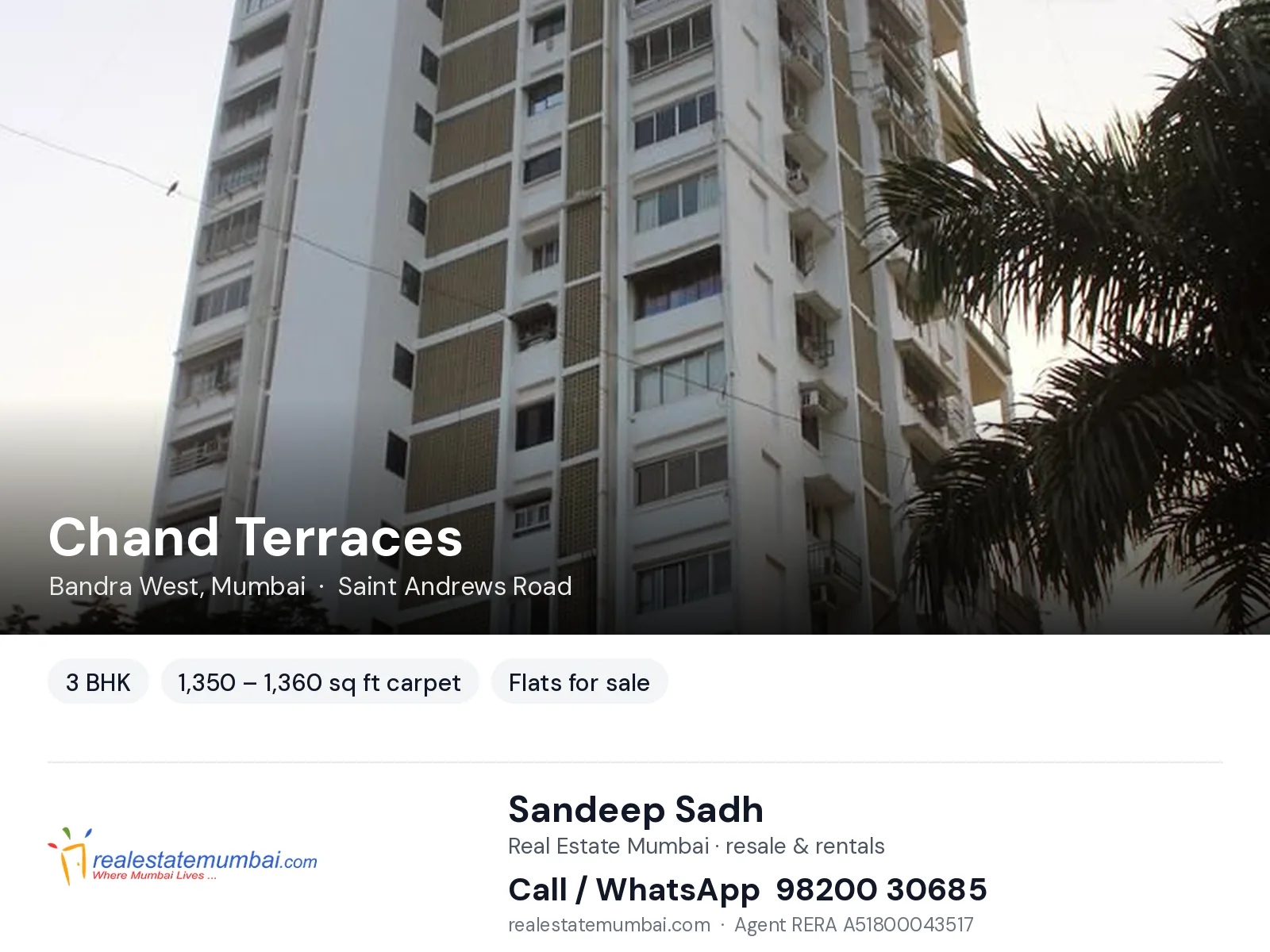 Chand Terraces, Bandra West, Mumbai — 3 BHK flats for sale | Real Estate Mumbai, Sandeep Sadh 98200 30685