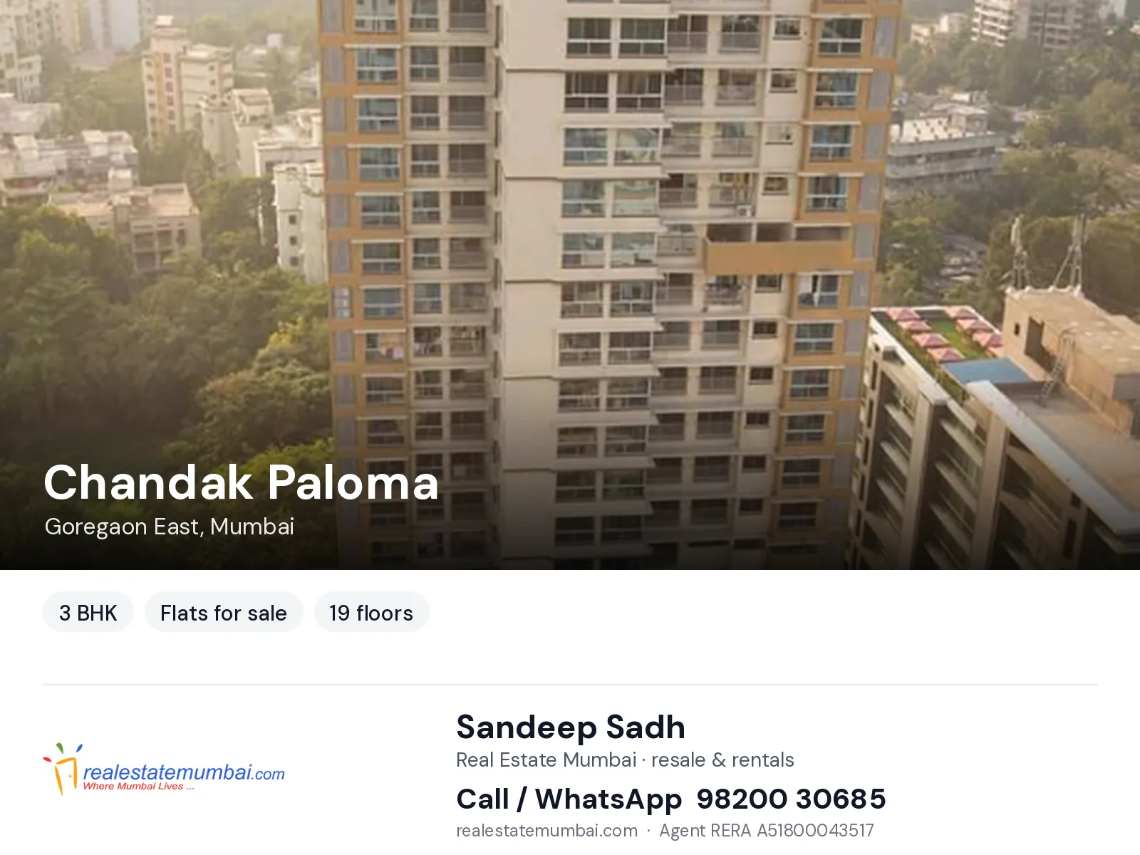 Chandak Paloma, Goregaon East, Mumbai — 3 BHK flats for sale | Real Estate Mumbai, Sandeep Sadh 98200 30685