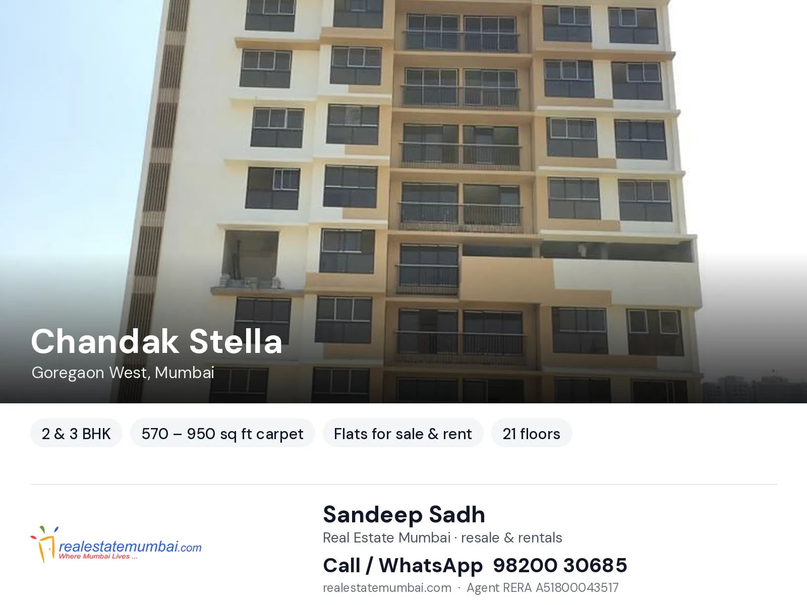 Chandak Stella, Goregaon West, Mumbai — 2 & 3 BHK flats for sale & rent | Real Estate Mumbai, Sandeep Sadh 98200 30685