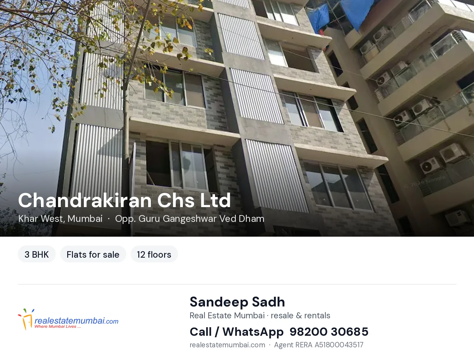 Chandrakiran Chs Ltd, Khar West, Mumbai — 3 BHK flats for sale | Real Estate Mumbai, Sandeep Sadh 98200 30685