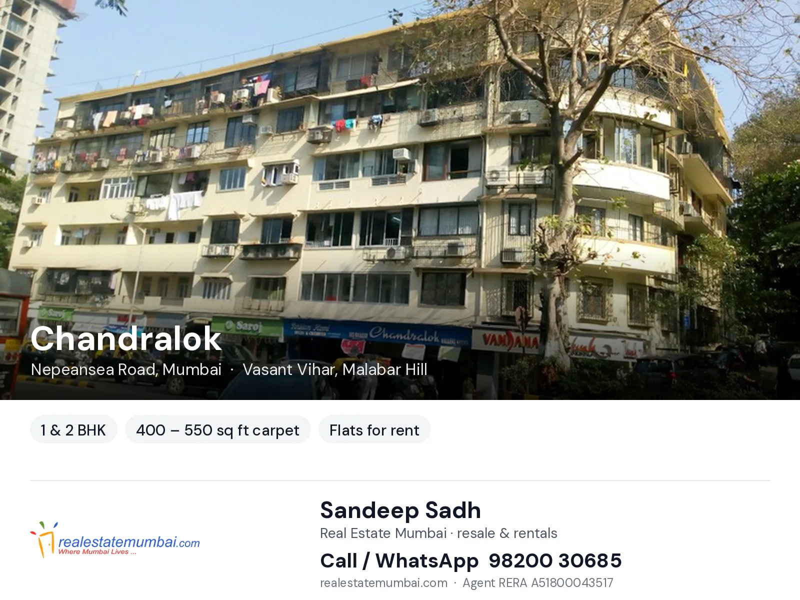 Chandralok, Nepeansea Road, Mumbai — 1 & 2 BHK flats for rent | Real Estate Mumbai, Sandeep Sadh 98200 30685