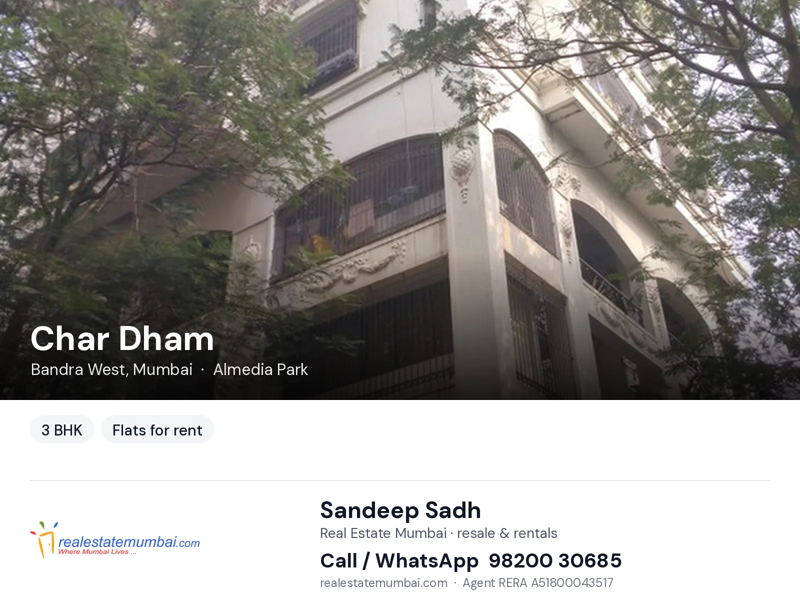 Char Dham, Bandra West, Mumbai — 3 BHK flats for rent | Real Estate Mumbai, Sandeep Sadh 98200 30685