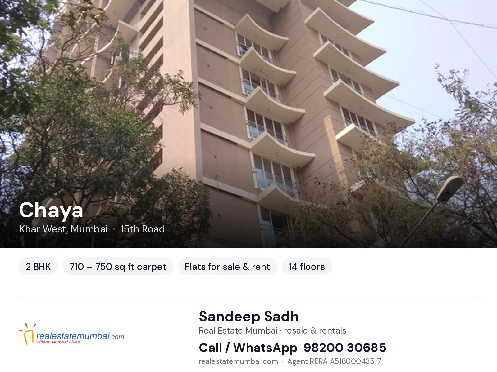 Chaya, Khar West, Mumbai — 2 BHK flats for sale & rent | Real Estate Mumbai, Sandeep Sadh 98200 30685