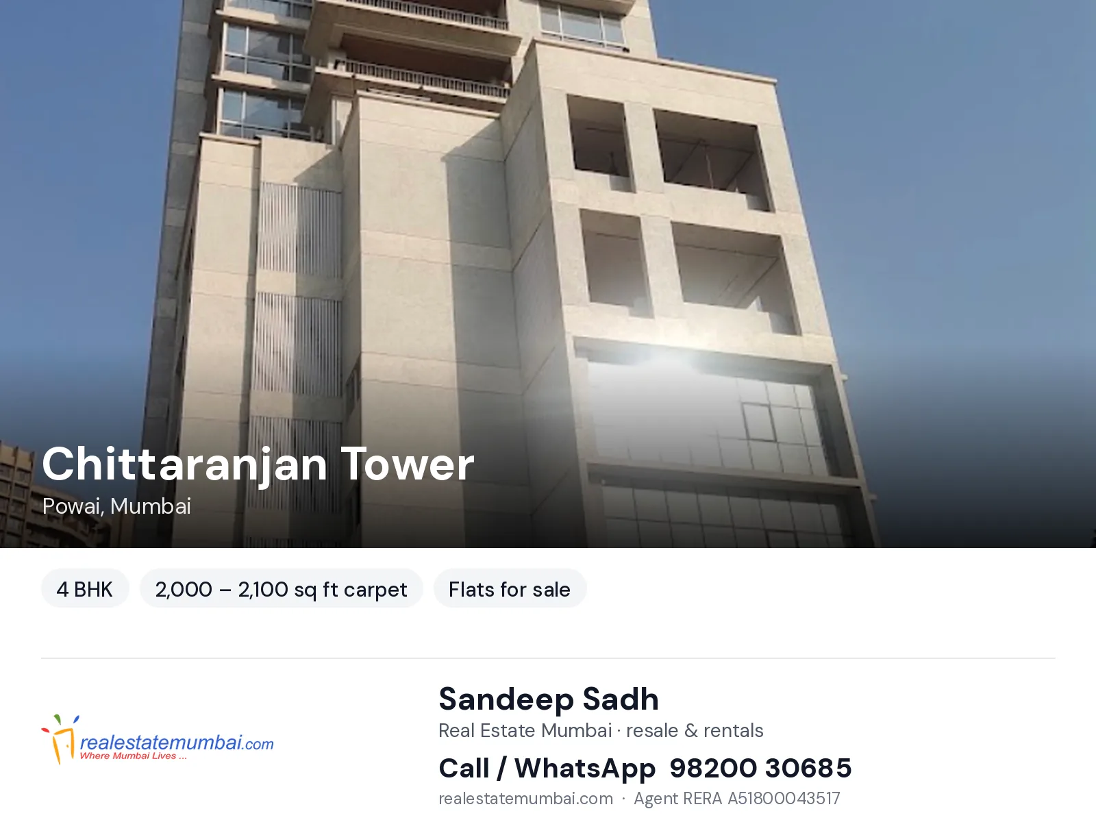 Chittaranjan Tower, Powai, Mumbai — 4 BHK flats for sale | Real Estate Mumbai, Sandeep Sadh 98200 30685