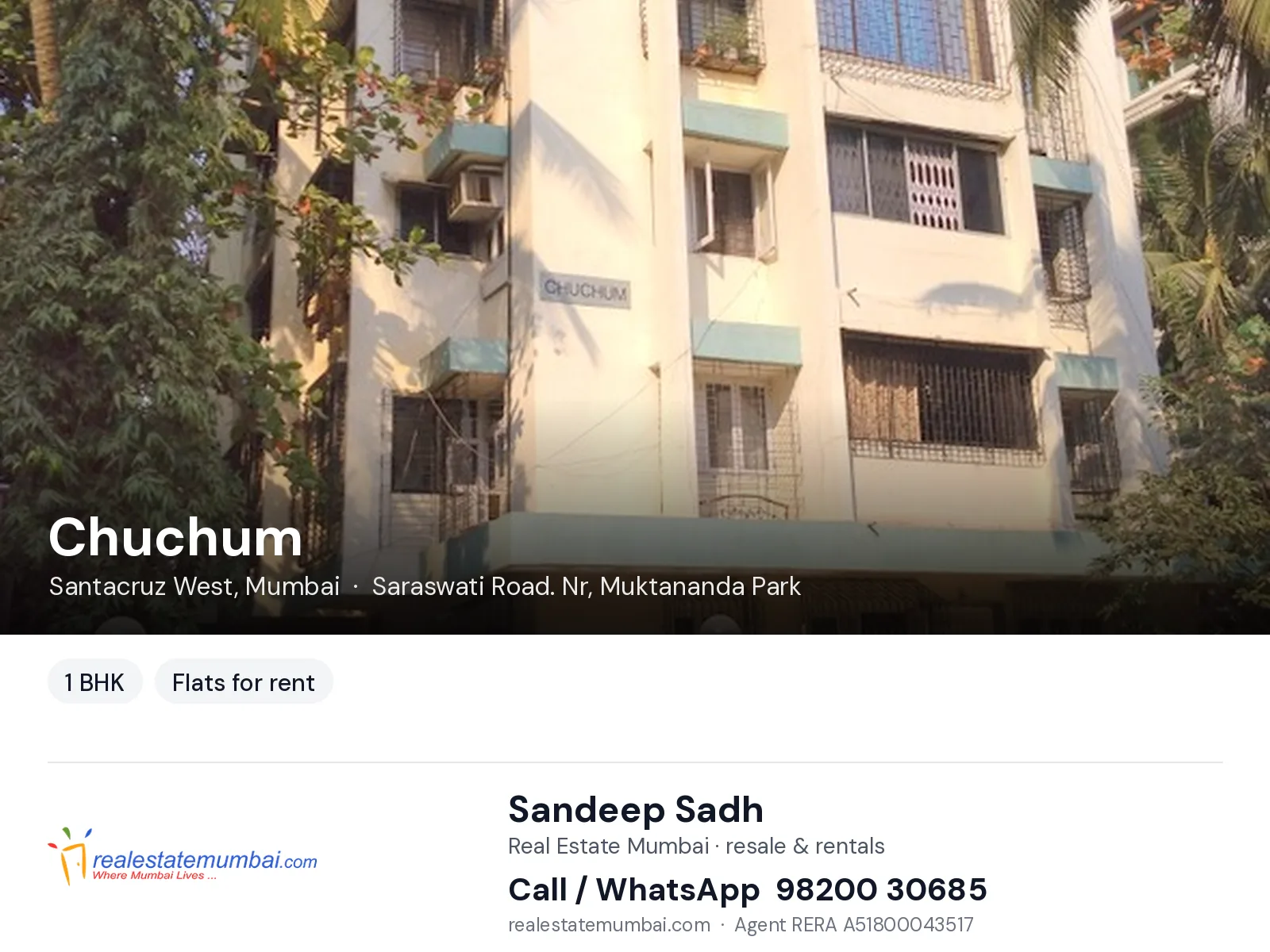 Chuchum, Santacruz West, Mumbai — 1 BHK flats for rent | Real Estate Mumbai, Sandeep Sadh 98200 30685