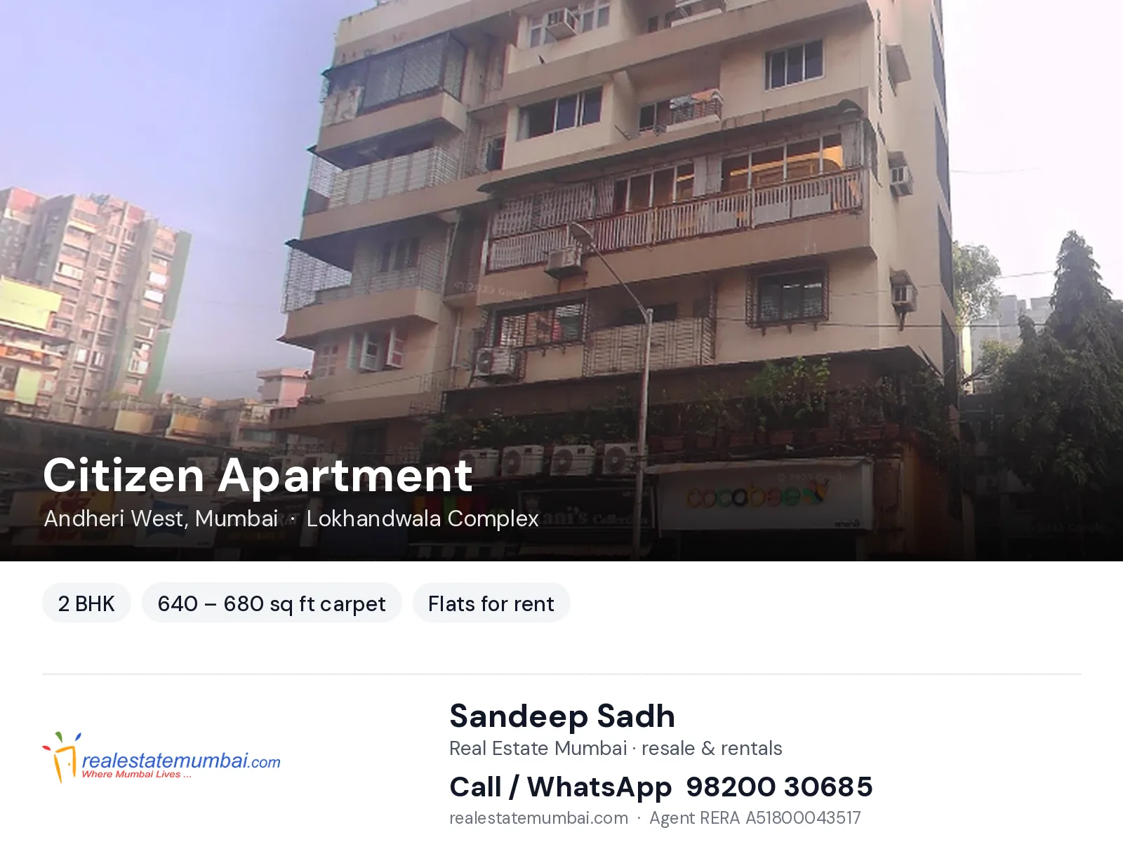 Citizen Apartment, Andheri West, Mumbai — 2 BHK flats for rent | Real Estate Mumbai, Sandeep Sadh 98200 30685