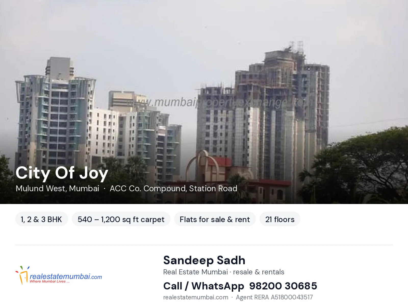 City Of Joy, Mulund West, Mumbai — 1, 2 & 3 BHK flats for sale & rent | Real Estate Mumbai, Sandeep Sadh 98200 30685