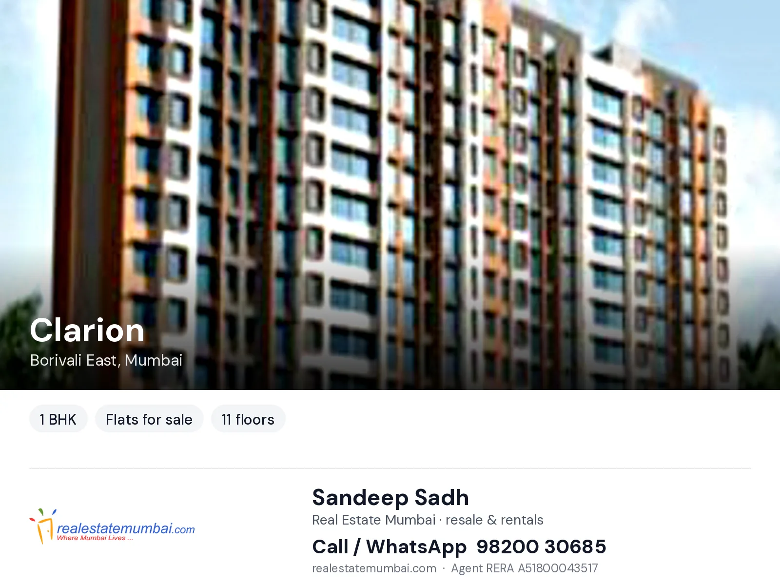 Clarion, Borivali East, Mumbai — 1 BHK flats for sale | Real Estate Mumbai, Sandeep Sadh 98200 30685