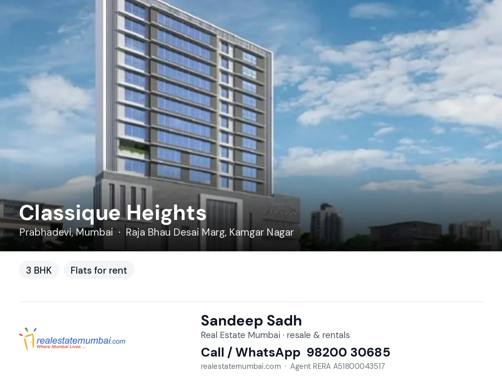 Classique Heights, Prabhadevi, Mumbai — 3 BHK flats for rent | Real Estate Mumbai, Sandeep Sadh 98200 30685